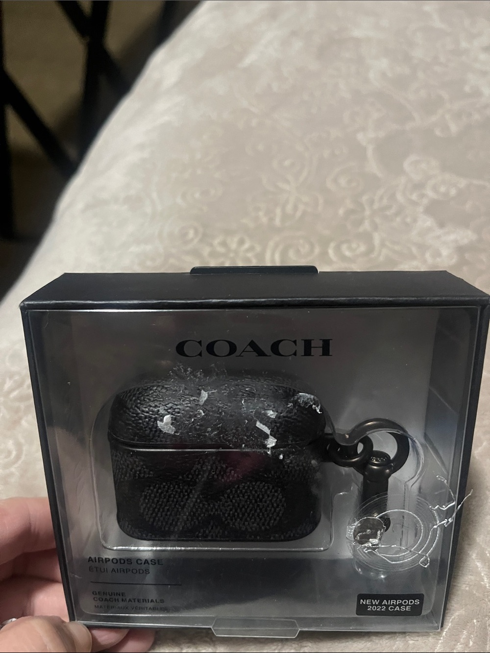 Coach Black Textured Leather AirPods Case with Keyring Clip